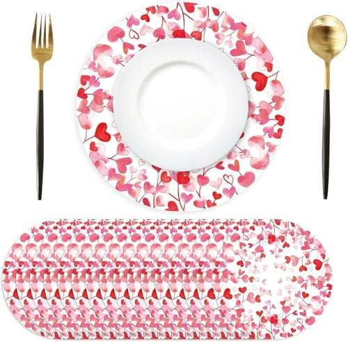 50 Stück Rosa Herz Papier Platzsets rund Papier Tischsets mit herzförmige Blätter Einweg Platzsets rund 34 cm, Dekor für Valentinstag, Hochzeit, Urlaub, Party