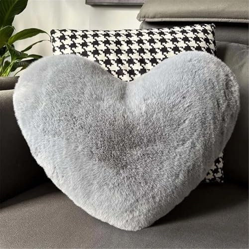 FVCTGHZ 12/17 Kunstkaninchenfell-Herzkissen, dekorative Kissen, Plüschliebe, herzförmiges, Flauschiges Dekokissen, Valentinstagsgeschenk(Gray)