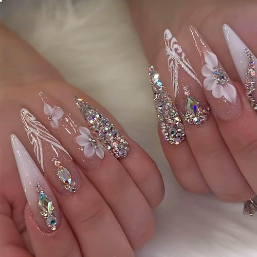 GlamRays Long Stiletto Press on Nails False Nails Hand Finished False Nails With Rhinestones Designs White Ombré Glitter Glue Nail 24 Pieces