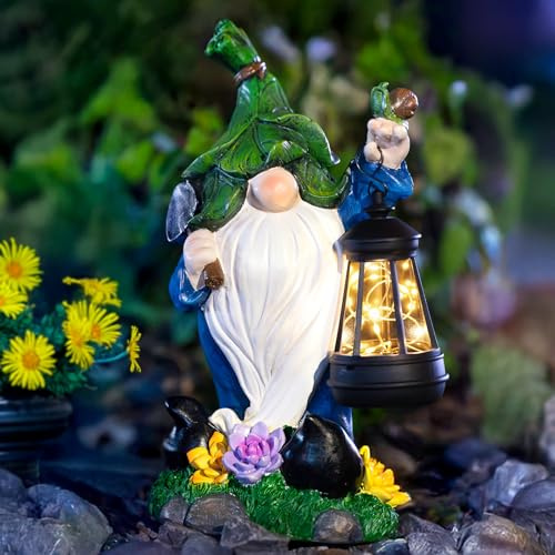 ZQQLITE Statues de nain de jardin – Éclairage solaire – Décorations d'extérieur avec lanterne et pelle, décoration de pelouse pour porche, terrasse, balcon – Cadeaux de nain pour femme et maman