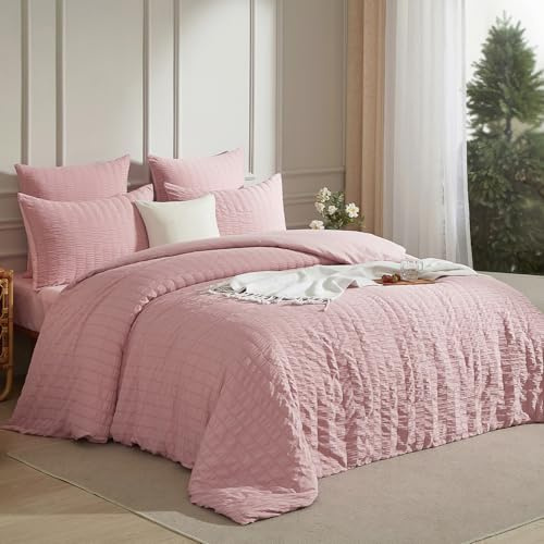 Luofanfei Housse de Couette Rose 220x240 Seersucker Unie Parure de Lit 2 Personnes Adulte Linge de Lit en Microfibre Uni Parure Housse Couette zippée avec 2 Taies d'oreiller 65x65