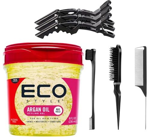 Haarstyling-Gel-Bundle: EcoStyle Moroccan Arganöl Styling Gel 236ml, 3 Krokodil-Haarspangen, 3-teiliges professionelles Haarbürsten-Set