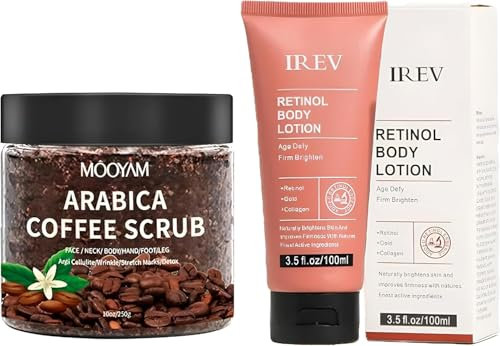 KORAL - Fórmulas Coreanas con ingredientes activos - EXFOLIANTE con Café Arábico 250 g + Crema hidratante corporal de retinol y oro 100 ml. Limpieza facial y corporal profunda