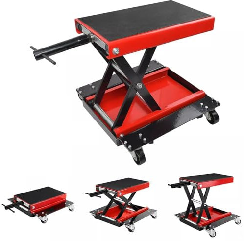 Motorradheber mit Beweglicher Plattform, 500kg Tragkraft, Stahlbauweise Rot-Schwarz, Kompakt & Einfach zu Bedienen, Ideal für Garage, Werkstatt & Rennstrecke