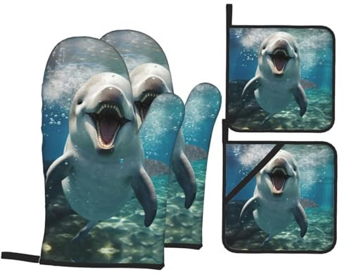 Maniques de cuisine antidérapantes et lavables avec imprimé dauphin, motif drôle, résistant à la chaleur