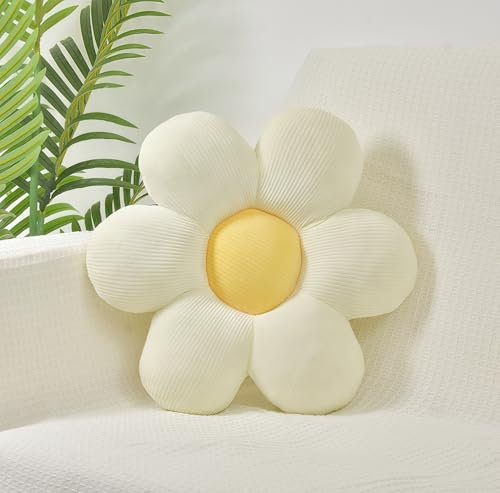 FSRONGXI Gänseblümchen-Blumenkissen, Dekorative weiße Zierkissen, Niedliche Bodenkissen, Ästhetisches Preppy-Zimmerdeko-Kissen für Bett, Sofa, Stuhl 38cm (Weiß und gelb)