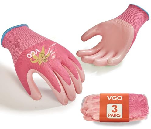VGO 3 Paar Damen Gartenhandschuhe - Rutschfeste Nitrilbeschichtung, Maschinenwaschbar & Atmungsaktiv für Outdoor,DIY,Ranch,Camping | Flexible, Preiswertes Bundle mit Farbwahl(3Paar/S/Rosa/NT2110-P)