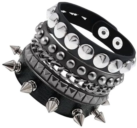 Makoto Nobu 3PCS Punk Rock Lederarmband, Punk Emo Inlay Armband, spitzes Leder, Gothic Punk, Nieten verstellbare Wrap Armband Manschette, Konzertfür Damen und Herren