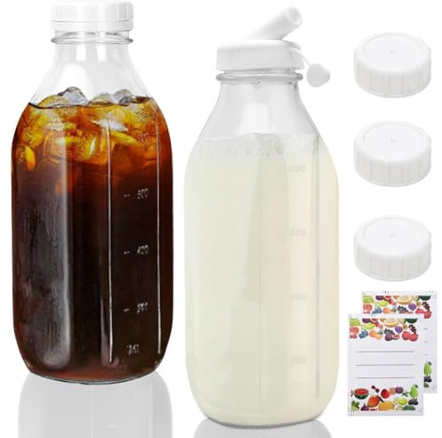 LOMUG 2er Set Glasflaschen mit Deckel 1 Liter - 2 Silikontüllen, 3 Verschlusskappen,Milchflaschen mit Schraubverschluss Saftflaschen zum Befüllen Smoothie Flasche Kombucha Glas
