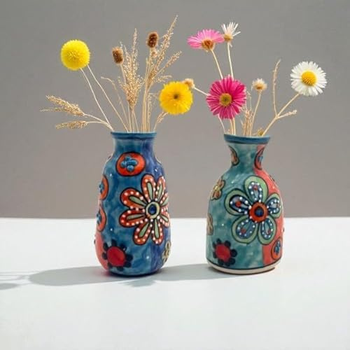 Handbemalte Keramik Minivasen Set, 2 Stück, Dekorative Blumenvasen mit Künstlerischen Mustern, Bunt (Daisy)