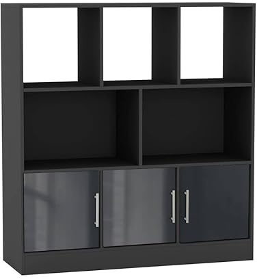 URBNLIVING Asymmetrical 8 Cube Black Bookcase – Freestanding Storage Shelf Unit with 3 Doors - Gloss Doors - Grey