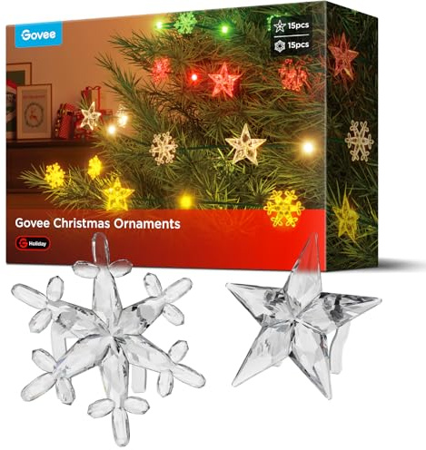Govee Adornos Navideños, 30 Piezas de Copos de Nieve y Estrellas de Acrílico Transparente para Guirnaldas Luminosas Navideñas, Ornaments para Árboles de Navidad, Decor del Hogar, Año Nuevo, Fiestas