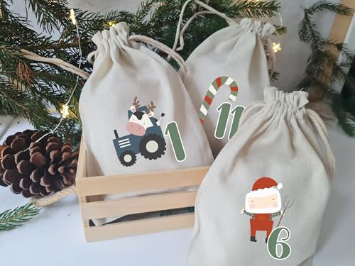 Adventskalender Bügelbilder für Säckchen 24 Tüten Advent, Jutesäckchen Adventskalender zum befüllen Wiederverwendbar Bauernhofstiere 24 Bügelbilder - ohne Säckchen