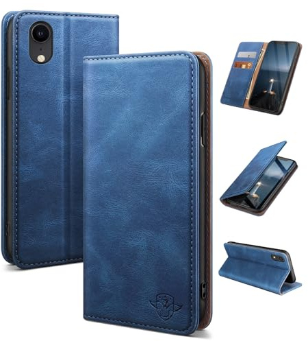SUANDUCK for iPhone XR 6.1 mobile phone case magnetic leather flip case with RFID-blocking card compartment, adjustable stand and 360° drop protection with Apple XR Light Blue