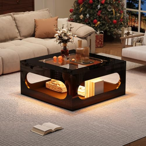 Merax Couchtisch mit LED-Beleuchtung und gehärtetem Glas, quadratisch, 70 x 70 x 35 cm, mit Stauraum, Steuerbar über App, Schwarz, Wohnzimmertisch für modernes Wohnzimmer