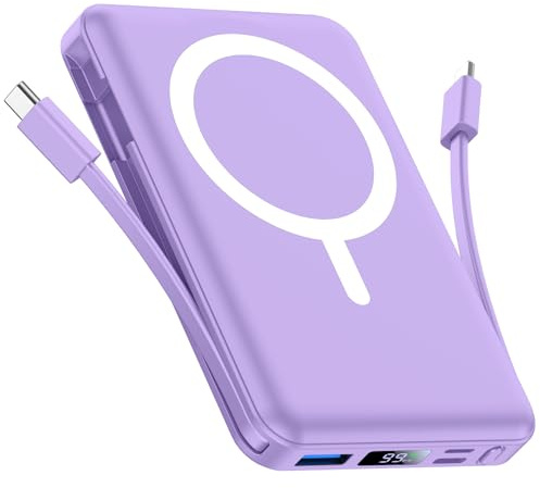 Vexnara for Magsafe Power Bank, 10000mAh Magnetic Portable Charger,15W Wireless Battery Pack with Built in Cables Fast Charging LED Display for iPhone 17/16/15/14/13/12/Plus/Pro/Pro Max(Purple)