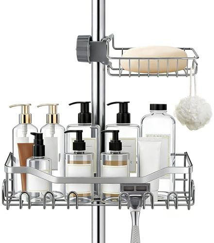 VirtuGro 2 piezas Estante Ducha sin Taladro + Jabonera Ducha Ajustable Shower Shelf Acero Inoxidable Estanteria Baño sin Taladro Bathroom Organizer para Barras Baño y Grifos de 16-25 mm Plateado