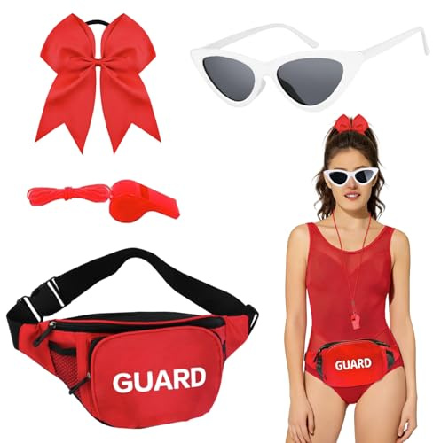 DIELOVEHUA 4 Stück Rettungsschwimmer Kostüm Set, Lifeguard Fasching Kostüm Herren Damen, Rettungsschwimmer Zubehör mit Gürteltasche, Sonnenbrille, Haargummi, Pfeife, für Halloween Karneval