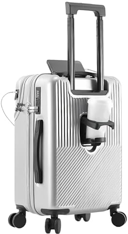 Zjyufy 20-Inch Carry On Cabin Suitcase Luggage with Cup Holder & USB Charging Port & Front Zipper Pocket & Silent Spinner Wheels, Lightweight Hard Shell Travel Luggage Cabin Bag, Silver
