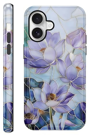 Niokfrci Stained Glass Handyhülle für iPhone 17 Hülle 6,3, Aesthetic Lila Lotus Blumen Muster Motiv Design Mädchen Schutzhülle Zweischichtige Stoßfest Weiche Bunt Glitter Silikon TPU Bumper Case