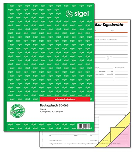 SIGEL SD063 Bautagebuch A4, 3x40 Blatt, selbstdurchschreibend, mikroperforiert, mit Abheftlochung, aus nachhaltigem Papier