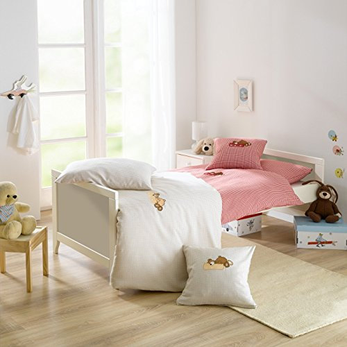 Lorenchen/Lorena Mako-Satin Flanell Kinderbettwäsche Benno Bär rot 100% Baumwolle kariert (135 x 200 cm + 80 x 80 cm, Rot)