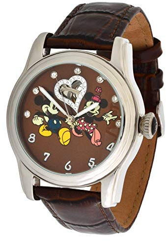 Walt Disney Automatikuhr Edelstahl 3ATM Mickey & Minnie Mouse Swarovski-Steine und braunen Lederarmband