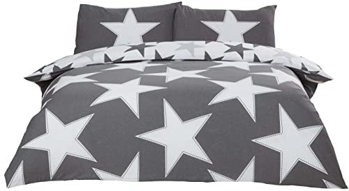 Rapport Home All Stars Grey Double Duvet Cover Set for Boys & Teens - Reversible Polycotton Bedding with Star Pattern with one Duvet cover (200 x 200 cm) with two matching Pillowcases