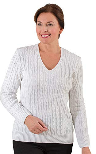 Fashion Friendly Ladies V-Neck Cable Knit Jumper | 8 Available (White, Medium)