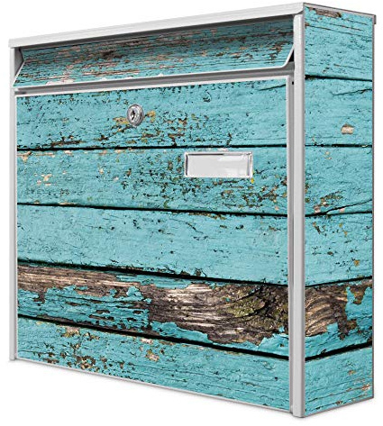 banjado Burg-Wächter Briefkasten mit Motiv Blaue Holzlatten - Briefkasten ohne Zeitungsfach 32x36x10 cm groß mit Namensschild A4 Einwurf inkl. Montagematerial & 2 Schlüsseln