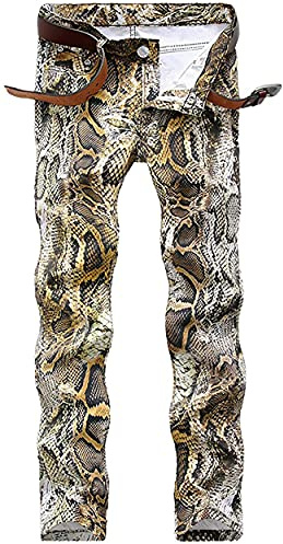 Enrica Herren Casual Printed Jeans Skinny Denim Pants, Schlangenleder-Optik, 48