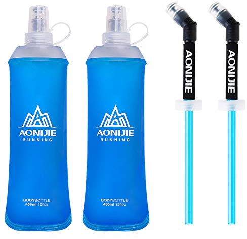 Azarxis Gourde Souple Flasque Running Bidon Sport Pliable Poche Hydratation Flacon Bouteille d'eau pour Randonnée Marathon (450ml avec Paille - 2 Pièces)
