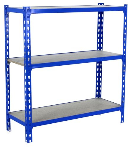 SimonRack Schwerlastregal, Lagerregal, 90x100x40 cm, Metallregal, Kellerregal, Biegestelle 150 kg, 3 Holzfachböden, Blau/Holz - Maderclick | 3 Höhen, Holzablage, Biegepunkt 150 kg, Korrosionsschutzlackierung, Klicksystem-Montage, Blau