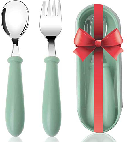 Toddler Fork and Spoon Set, Acehome Stainless Steel Baby Cutlery Set with Travel Case Dishwasher Safe for Kids, Children Flatware Weaning and Learning to Use (Green)