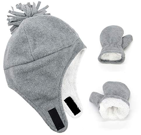 Durio Baby Mütze und Handschuhe Set Junge Wintermütze und Fäustlinge Warmes Gefütterte Fleece Mütze Kappen Ohrenklappe Kleinkind Kinder Mädchen Hellgrau 1-2 Jahre