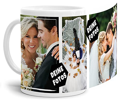 Foto-Tasse zum selbst gestalten mit Foto-Collage für 3 Wunschfotos - Geschenk für Familie, Freunde, Geburtstag, Weihnachten - Keramik Weiß, 300 ml I Personalisiert