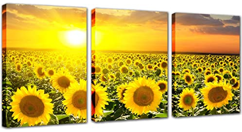 Sunflower Wall Art Canvas Decor - For Indoor Modern Home Decoration Prints Framed Set of 3 Pieces Sunflower Painting Yellow Pictures Artwork Decor for Bathroom Living Room Bedroom Kitchen 12x16 Inches