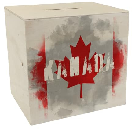 Spardose aus Holz mit Kanada-Flagge im Used Look - Sparschwein für Urlauber eine schöne Sparbüchse mit der kanadischen Nationalflagge verziert um auf die Reise nach Kanada zu