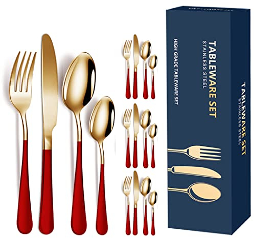XIAOYU juego de cubiertos, servicio de juego de cubiertos de acero inoxidable de 16 piezas para 4, mango mate, juego de cubiertos de vajilla para el restaurante del hotel de la cocina del hogar, rojo