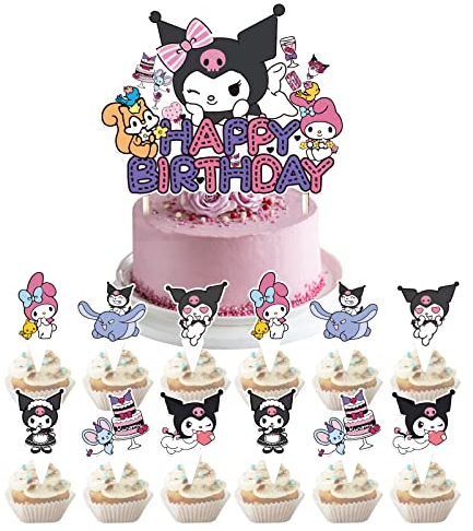 13 Stück Kouromie Cupcake-Topper RHYII-Happy Birthday Party Supplies Kuromi Kuchendekorationen, Party-Dekorationen, Glitzer, personalisierte Kuchendekoration für Jungen und Mädchen