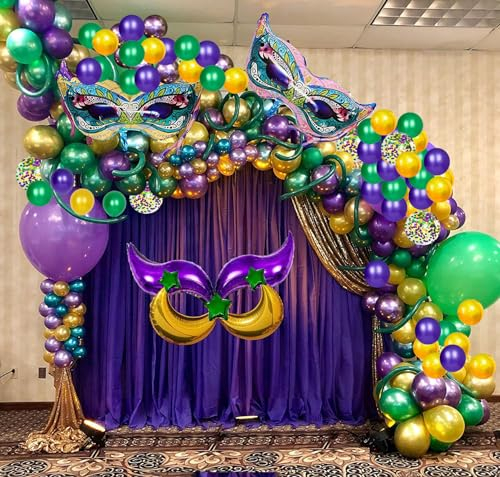 114 Stück Mardi Gras Ballons Girlande Kit Lila Grün Gelb Luftballons Mardi Gras Maske Mond Stern Folienballons für Mardi Gras Geburtstag Babyparty Dekoration