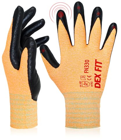 DEX FIT Guantes de Trabajo FN330, Ajuste Cómodo Elástico 3D, Buen Agarre, Recubrimiento de Espuma Duradero de Nitrilo, Táctil, Fino y Ligero, Lavable en la Lavadora; Naranja 8 (M) 1 Par