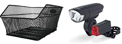 FISCHER Gepäckträgerkorb School, schwarz & DANSI Fahrradleuchten-Set StVZO I LED-Fahrradlicht I Rad-Licht hell vorne + hinten I Fahrradbeleuchtung umschaltbar 15-100 Lux I Regenfest