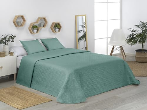 Donegal Collections - Colcha Bouti Lisa Acolchada y Reversible + 1 Cojin Cama 80/90 cm, Color Verde. Colcha Cubrecama de Microfibra Extrasuave, Primavera Verano, Fresca, Acolchado Fino