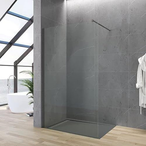 Walk in Dusche 110 cm Pistolengrau mit Stabilisator Duschabtrennung Glas Duschtrennwand aus 8 mm Einscheibensicherheitsglas Höhe 200 cm inkl. Nano Beschichtung