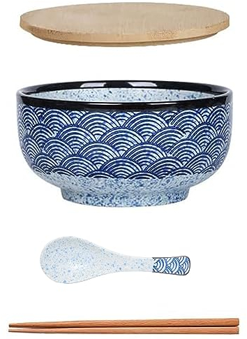 Japanischer Ramen Schüssel Großer Suppenschüssel mit Deckel Löffel,Vintage Ramen Bowl aus Keramik,Salatschüsseln,Instant Nudel Schüssel - 900 ml (Wasser kräuseln)