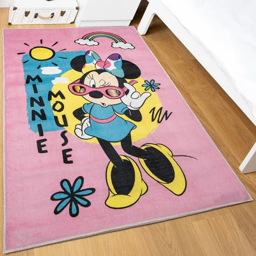 Disney Heimteppich für Kinder, offizielles Lizenzprodukt, für Kinderzimmer, Spielzimmer, Minnie Maus, rutschfest und waschbar, 80 x 120 cm