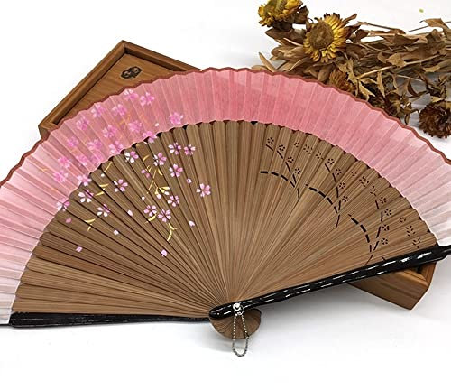 Abanico Plegable,Abanico Plegable De Mano Para Damas Estilo Japonés Retro Flores De Cerezo Rosa Pintura Tela De Seda Abanicos De Mano Abanicos De Huesos De Bambú Tallado Hueco Para Fiesta De Verano