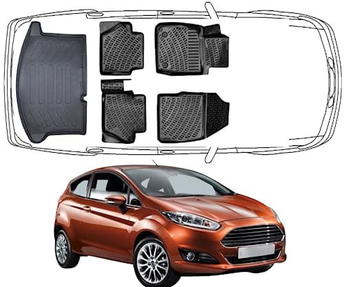 Rizline Passgenau 3D Fussmatten & Kofferraumwanne Auto Set Kompatibel mit Ford Fiesta 2009-2017 Auto Zubehör Gummimatten & Kofferraummatte Autos TPE Allwetter Geruchlos rutschfest Schwarz
