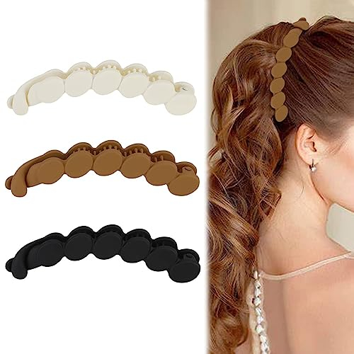 WOOXDYUK 3 Pcs Pinces à Cheveux Ovales Givrées Banane Clips pour Cheveux Moyens Queue de Cheval Chignons Accessoires de Coiffage pour Forte Tenue (Blanc Brun Noir)